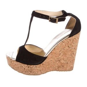 Jimmy Choo wedge sandals black suede cork with buckle closures at ankles. SZ 38